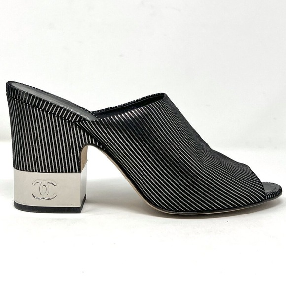 Chanel‎ Mules G33818 Laminated Calfskin Silver Black Striped CC Block Heel 40.5 - Picture 3 of 10